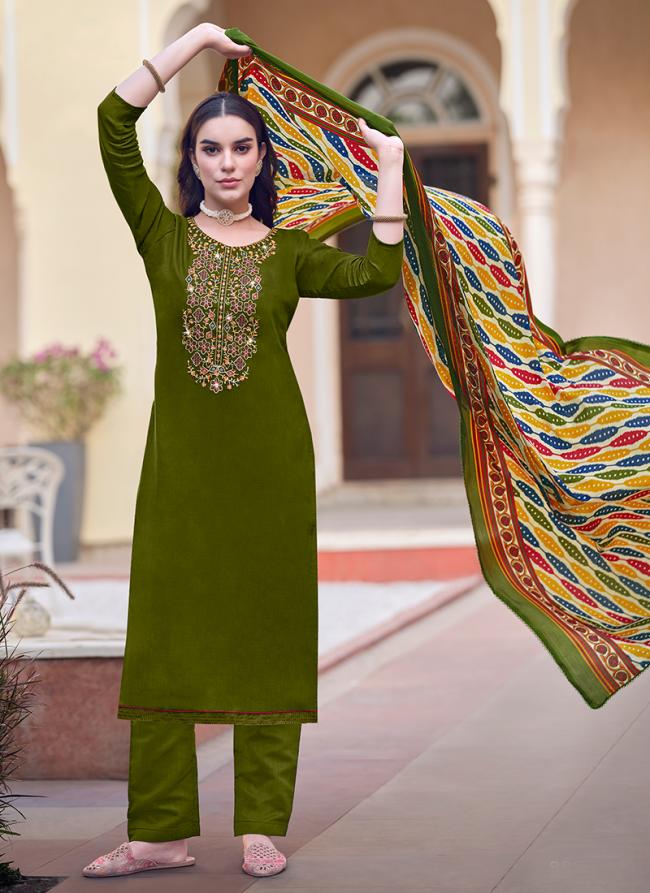 Viscose Rayon Olive Green Casual Wear Swaroski Work Straight Salwar Suit 